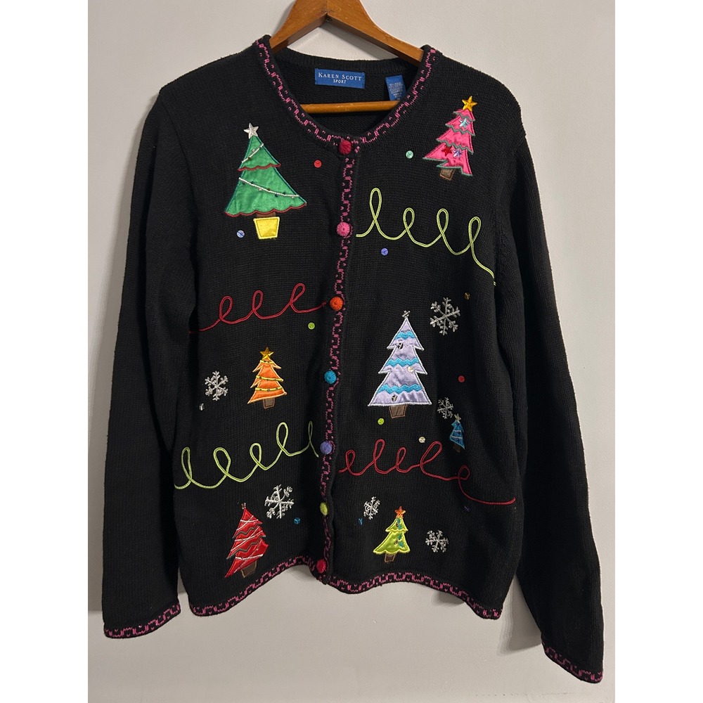 Karen Scott Sport Womens Black Christmas Tree Cardigan Sweater Medium Holiday